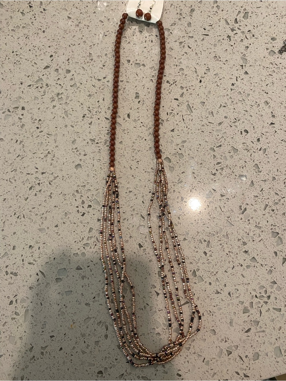 Hand Crafted Brown and Metallic Multi-Strand Beaded Necklace with Earrings
